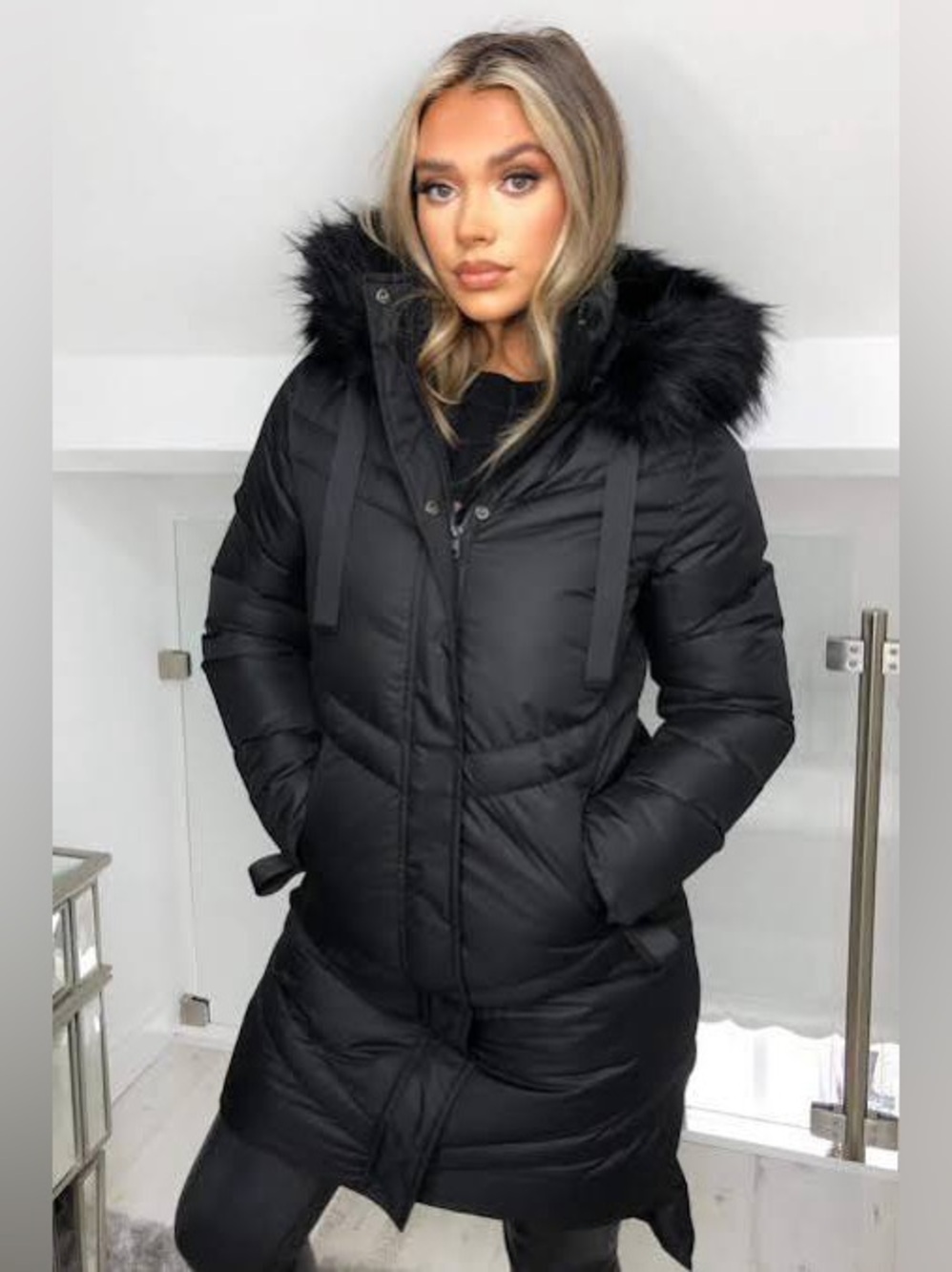SAINT + SINNER Black Fur-Trim Puffer Coat Winter Jacket Long Puffer S Snow Warm